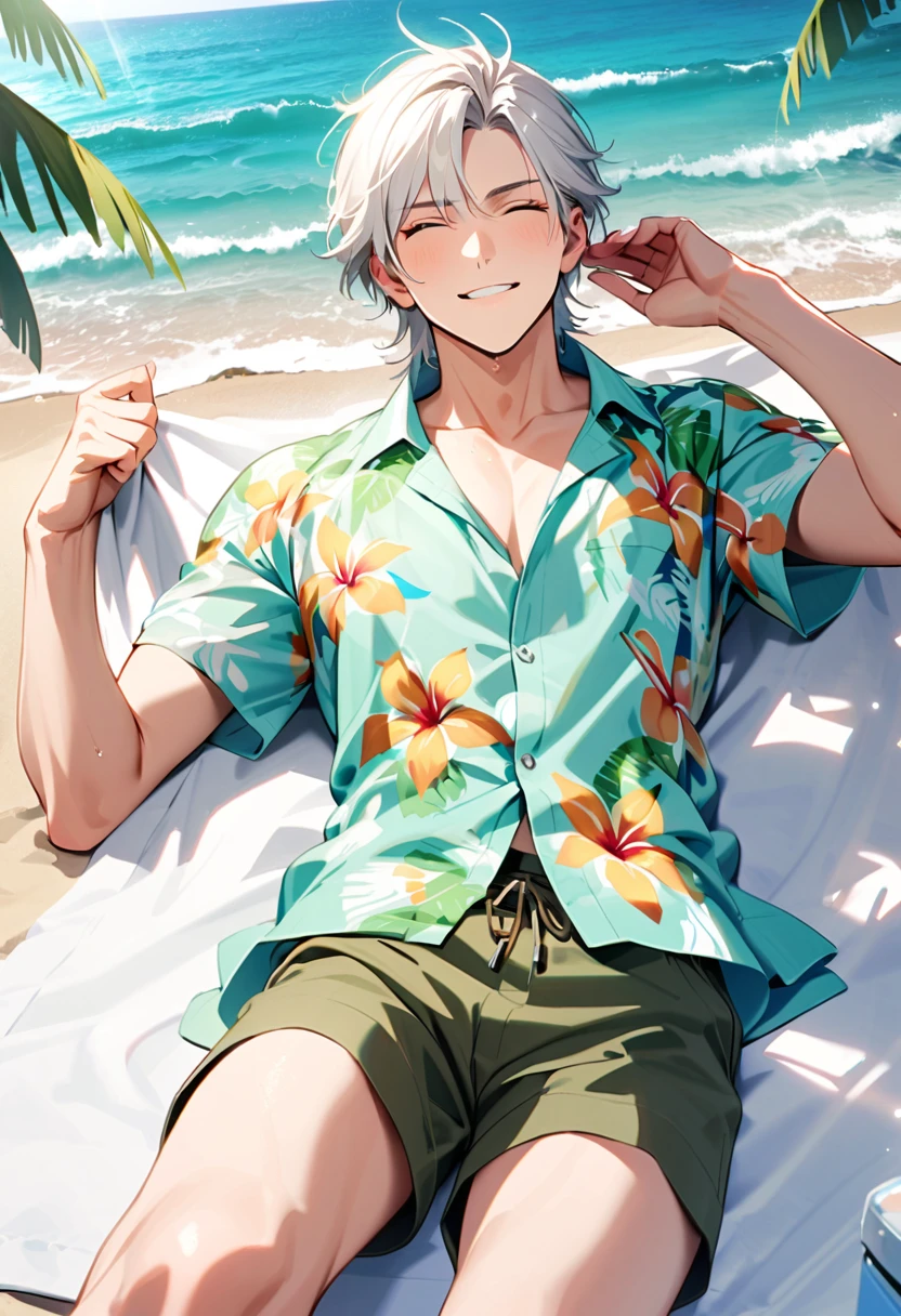 A man, 19-years-old, solo, Caucasian, mature face, short tousled white hair, eyes closed, relaxed facial expression, light pale green Hawaiian shirt, short sleeves, khaki shorts, beach, lying on a towel