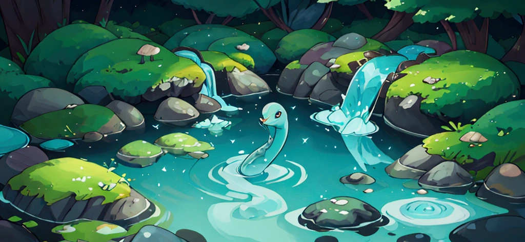 Create an image of a giant serpent. The serpent should be entirely made of water, with the fluidity and transparency of the liquid visible. It should have a sinuous, dynamic body, with the appearance of water in motion. The details should capture the essence of the water element, including ripples, splashes, and light reflections on its aqueous surface. The serpent should have a majestic and imposing aspect, combining the elegance of a serpent with the strength and beauty of water. The image should balance the two elements: the fluidity and aquatic details with the form and presence of the serpent. Despite its imposing nature, the serpent should have a gentle and friendly appearance. The art should be in the digital art style with characteristics of fantastic illustration. The predominant colors are shades of blue and cyan, with touches of white representing water foam. The composition conveys a sense of energy and fluidity, typical of illustrations that explore elements of nature in a surreal and stylized manner. The setting should be a serene landscape of a crystal-clear stream surrounded by large stones and rocks partially covered with moss, with lush greenery in the background. The water is clear and reflects sunlight, creating small sparkles on the surface. The scene is illustrated in an anime art style, with soft colors and delicate detailing in the textures of the stones and vegetation.