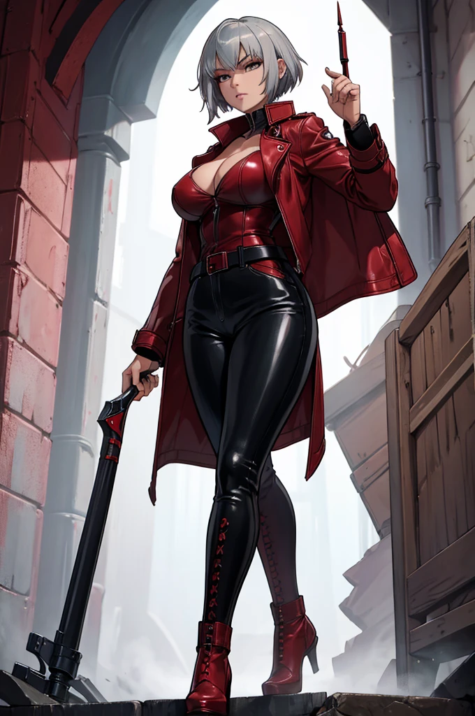 1girl, chubby woman ((topless, black corset, hooded cape, leather thigh high boots, massive breasts: 1,4, colossal cleavage: 2.0, exposed breasts)), luminous skin, exquisite face, round face, steady look, ponytail multicolored burgundy hair, slender waist, wide hips, glowing mouth, thick-thighs, muscular arms, grinning, bulging woman, symmetrical eyes, detailed hands, detailed eyes, attractive body, Beautiful and symmetrical body, perfect body, curvy body. striking a delicate pose