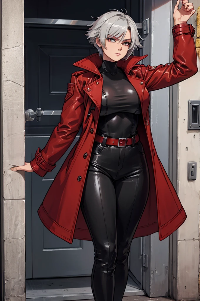 A demon hunter with short silver hair wears a long red leather trench coat with intricate details, paired with tight black pants and tall boots. She is not wearing anything under the red jacket, leaving her large, firm breasts exposed. Breasts exposed.