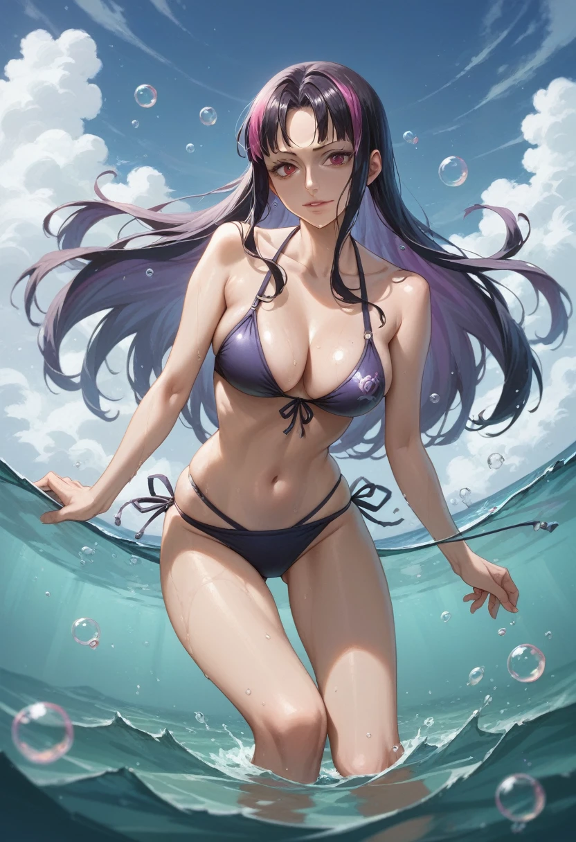 girl in a bikini in the water with bubbles, marin kitagawa fanart, juri misaki, nico robin, inspired by Rei Kamoi, is wearing a swimsuit, misato katsuragi, swimsuit, in the sea, in the ocean, commission for high res”