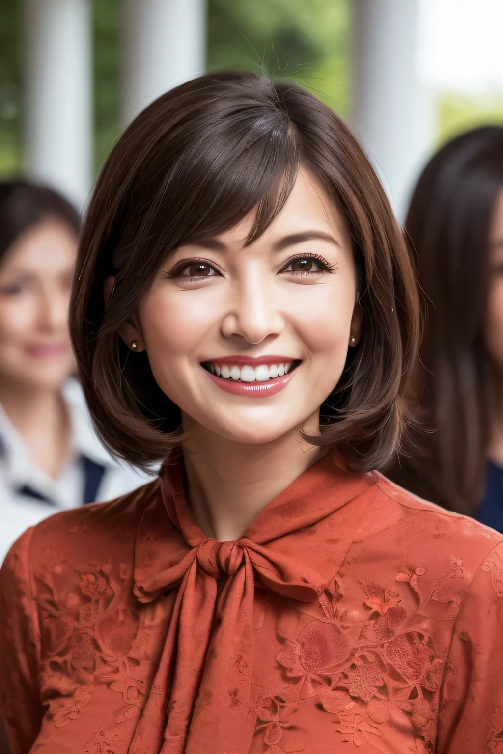 ((masterpiece)), ((Highest quality)), ((Complex)), ((Surreal)), (Realistic), (Mature Woman), ((There are no classes)), Very detailed, (1 female), Beautiful and exquisite, (Beautiful Teeth), Grin, Brunette Bob Hair, Brown eyes, ((blouse)), (Upper Body), (background:none), Perfect Eyes, Captivating eyes, Looking at the audience