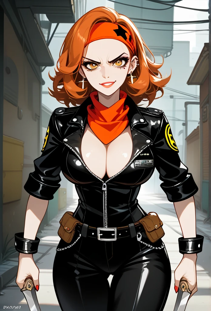 masterpiece, best quality, mature woman, mature face, trimmed hairstyle, red hair, mature face, hot face, glossy lips, gobby lips, sharp eyes, big breasts, voluptuous body, golden eyes, (bandit outfit, bandit bandana), looking at viewer, tough appearance, alley, (looking serious), yandere face, flirting smile, (glaring eyes, piercing eyes), yandere expression, (holding dagger) 