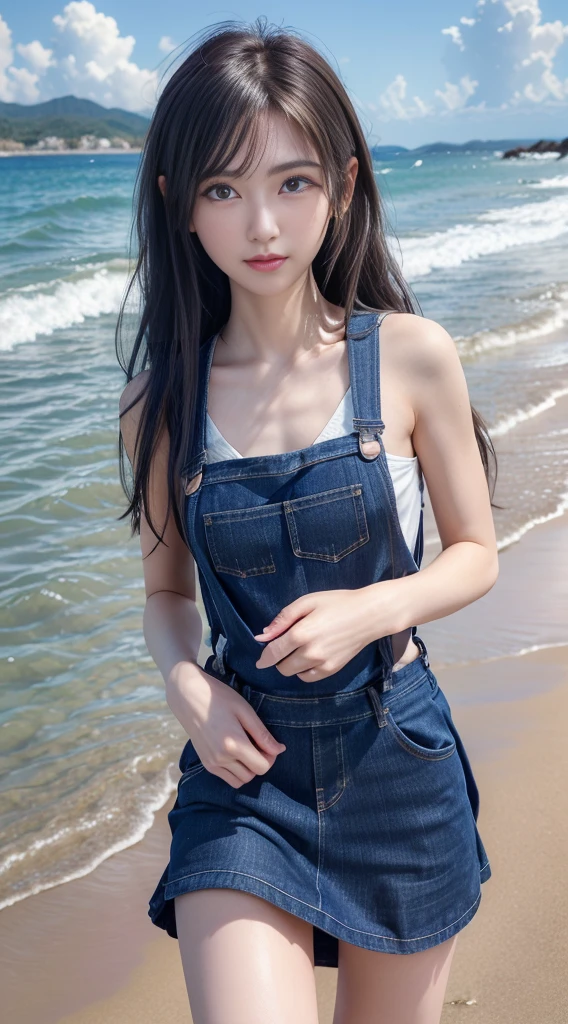 UHD, retina, masterpiece, ccurate, anatomically correct, textured skin, super detail, high details, high quality, award winning, best quality, highres, 1080P, HD, 4K, 8k, 16k、blue sea、Wide sky、Deep sandy beach、Cute Girls、(Denim overalls for the upper body only:1.2)、Sunburn mark、Lay a sheet on the beach、Resting on the seat、Pussy Line:1.2、Fingertips to the crotch:1.2,((((Very small and flat chest))))、Beautiful pussy lines:1.2、(The lower half of the body is completely naked and the pussy is beautiful:1.2),(A beautiful girl with double eyelids:1.5),(Skirt Lift:1.5),(きれいなPussy Line:1.4),