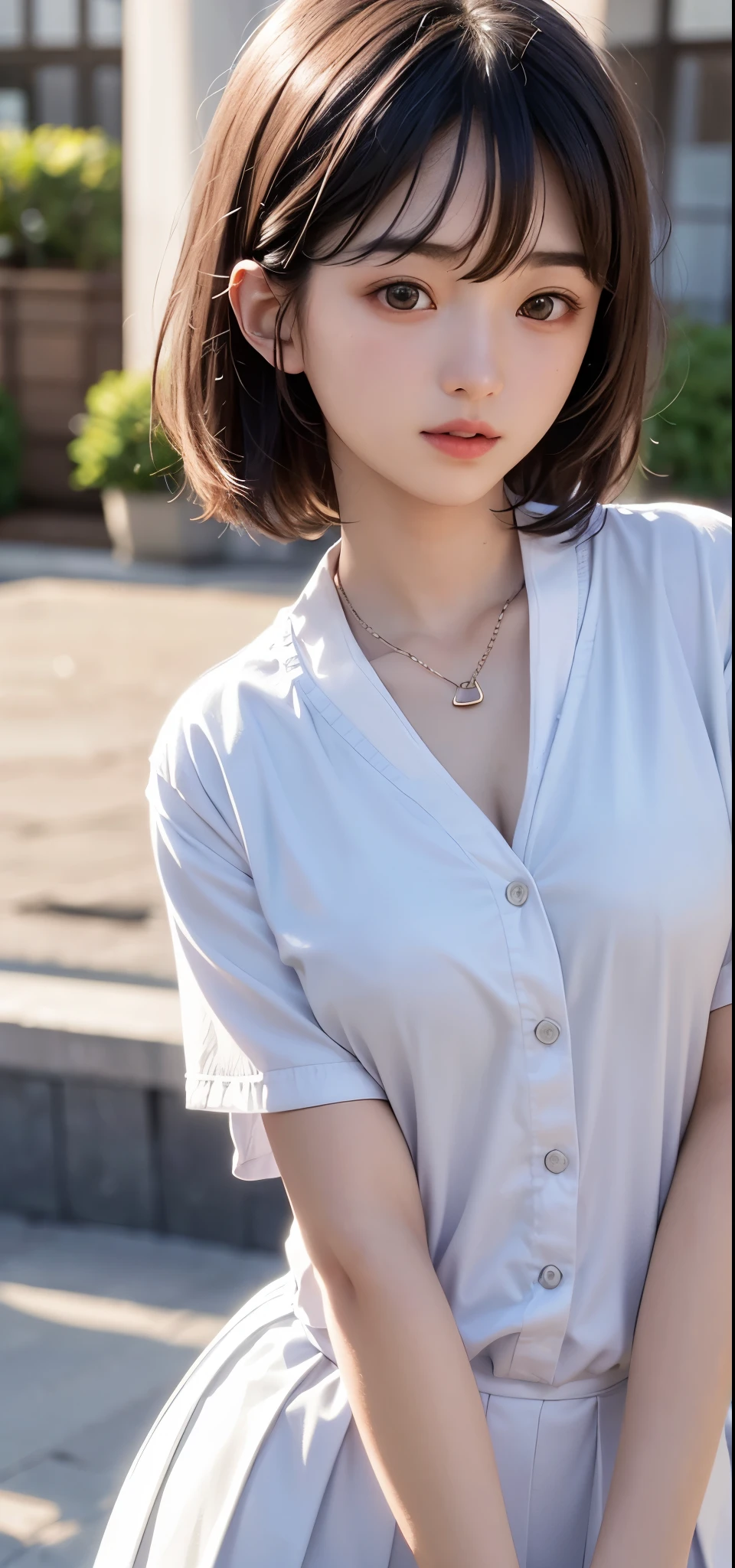 (1 nogizaka girl,ars old face,raw photo,photo realistic:1.5),(best quality, high quality,HDR, highest quality,ultra high resolution,high resolution,high res,ultra high difinition,huge file size,8K,2K wallpaper,8K wallpaper,high quality texture,amazing,an extremely delicate:1.4),one girl, Japanese famous idol,cute face,small face,absurd,ridiculous,incredibly ridiculous,blurry background,(school uniform,sailor suit,short hair,cleavage,no makeup:1.2),medium skin,beautiful skin,detailed skin,black hair,silky hair,black eyes,Japanese nose,5-fingers,(Light Particles, Lens Flare, Luminous Particles: 0.7),looking at viewer,small hands,bright lighting,professional lighting,girl