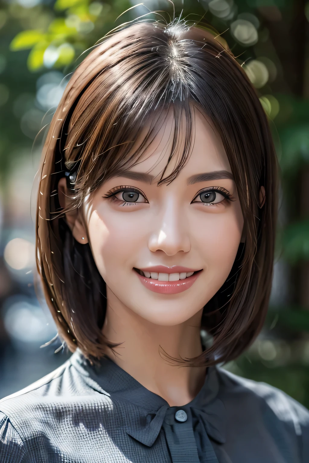 ((masterpiece)), ((Highest quality)), ((Complex)), ((Surreal)), (Realistic), (Mature Woman), ((There are no classes)), Very detailed, (1 female), Beautiful and exquisite, (Beautiful Teeth), Grin, Brunette Bob Hair, Brown eyes, ((blouse)), (Upper Body), (background:none), Perfect Eyes, Captivating eyes, Looking at the audience