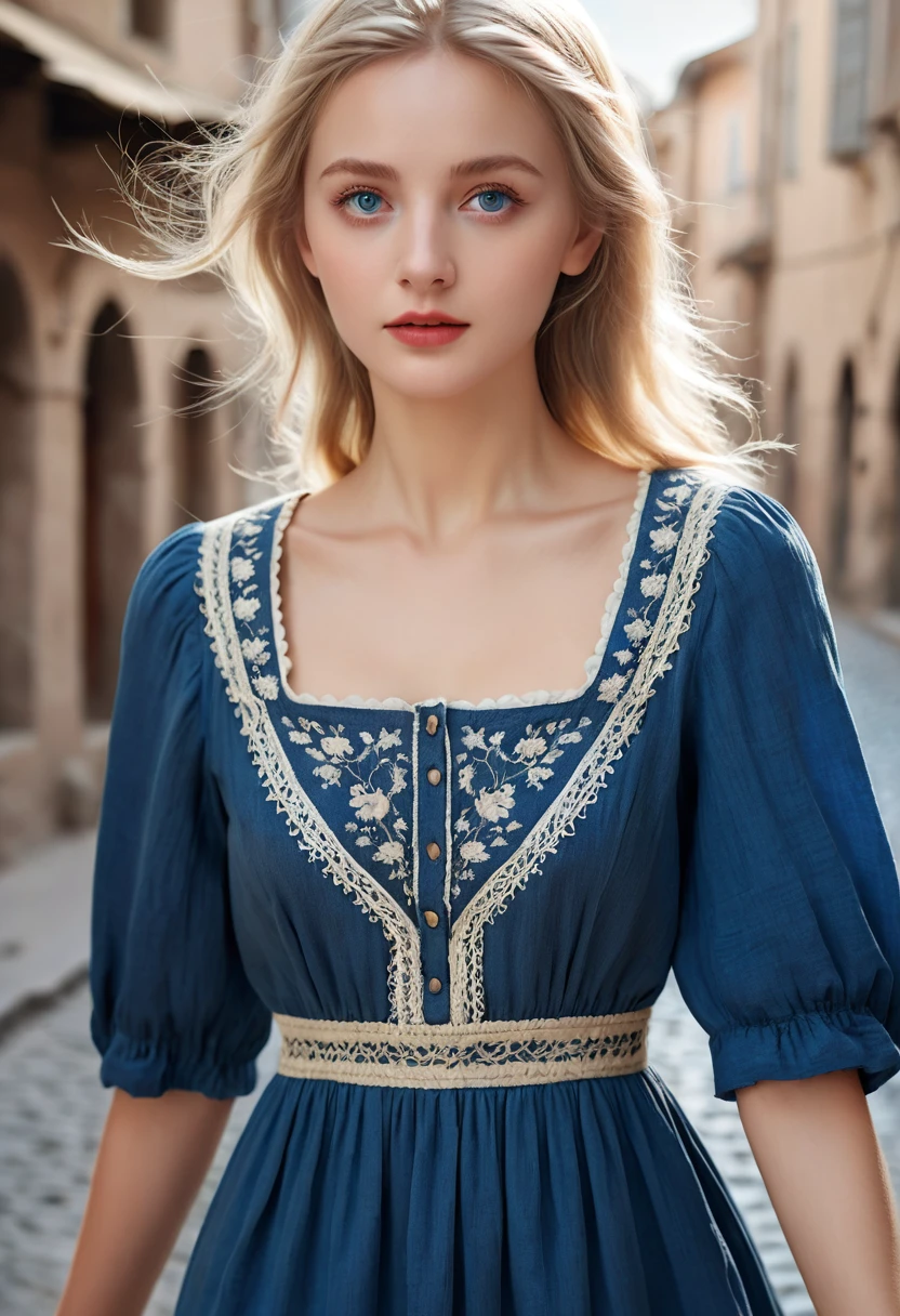 best quality, masterpiece, realistic photo, intricate details, raw photo, ultra detailed, old fashioned young woman, with peasant style dress, no necklines, blonde hair, perfect detailed and blue eyes, walking in an old city, HD quality, 8K, young woman, 20 years old
