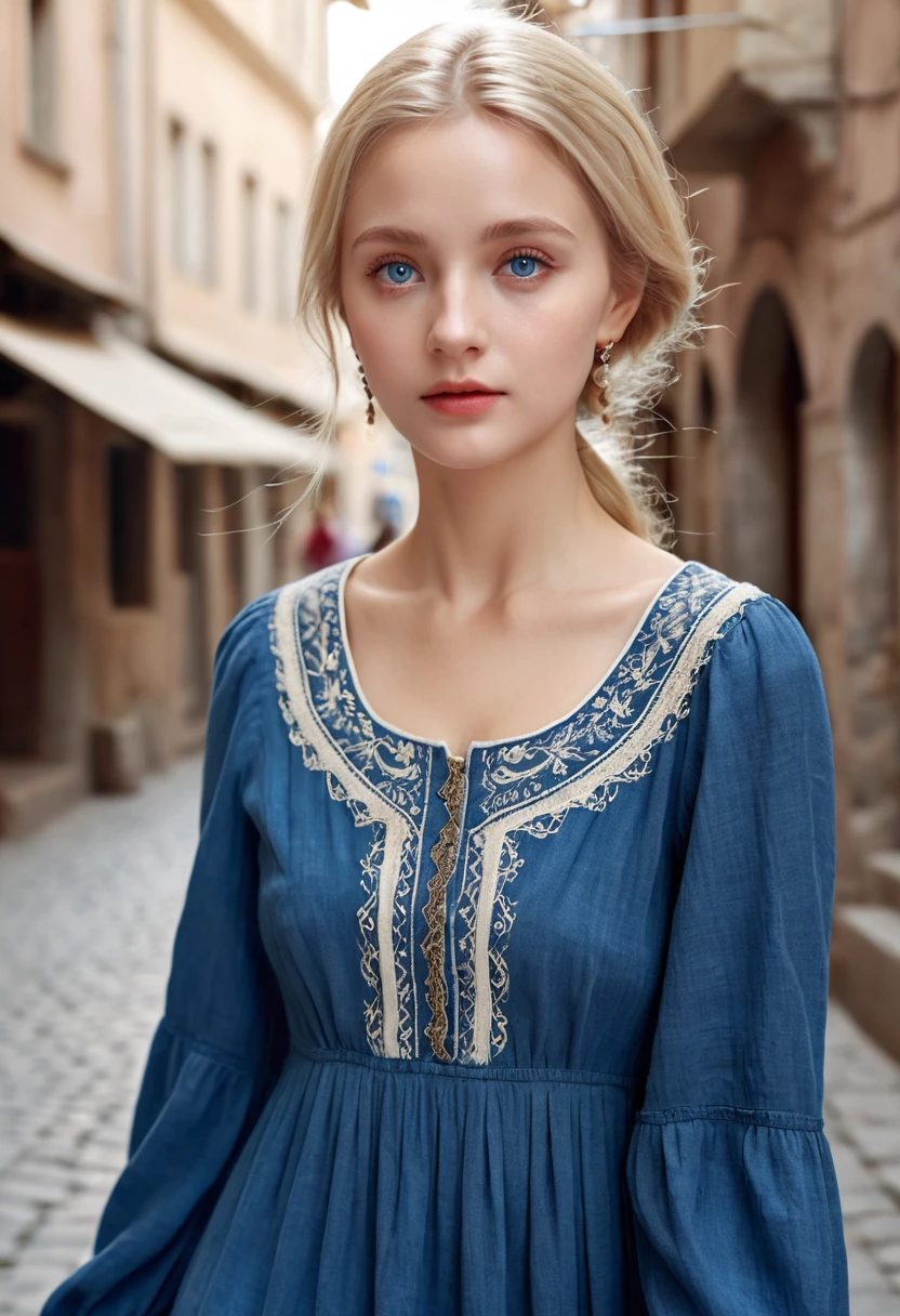 best quality, masterpiece, realistic photo, intricate details, raw photo, ultra detailed, old fashioned young woman, with peasant style dress, no necklines, blonde hair, perfect detailed and blue eyes, walking in an old city, HD quality, 8K, young woman, 20 years old