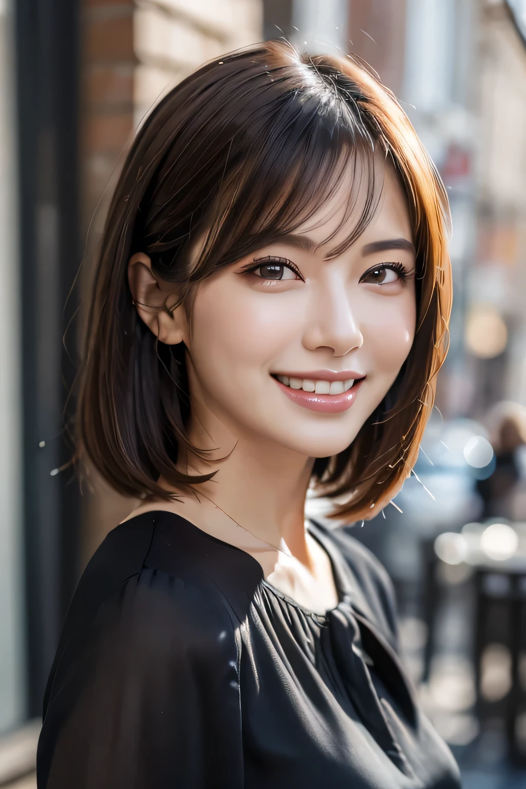 ((masterpiece)), ((Highest quality)), ((Complex)), ((Surreal)), (Realistic), (Mature Woman), ((There are no classes)), Very detailed, (1 female), Beautiful and exquisite, (Beautiful Teeth), Grin, Brunette Bob Hair, Brown eyes, ((blouse)), (Upper Body), (background:none), Perfect Eyes, Captivating eyes, Looking at the audience