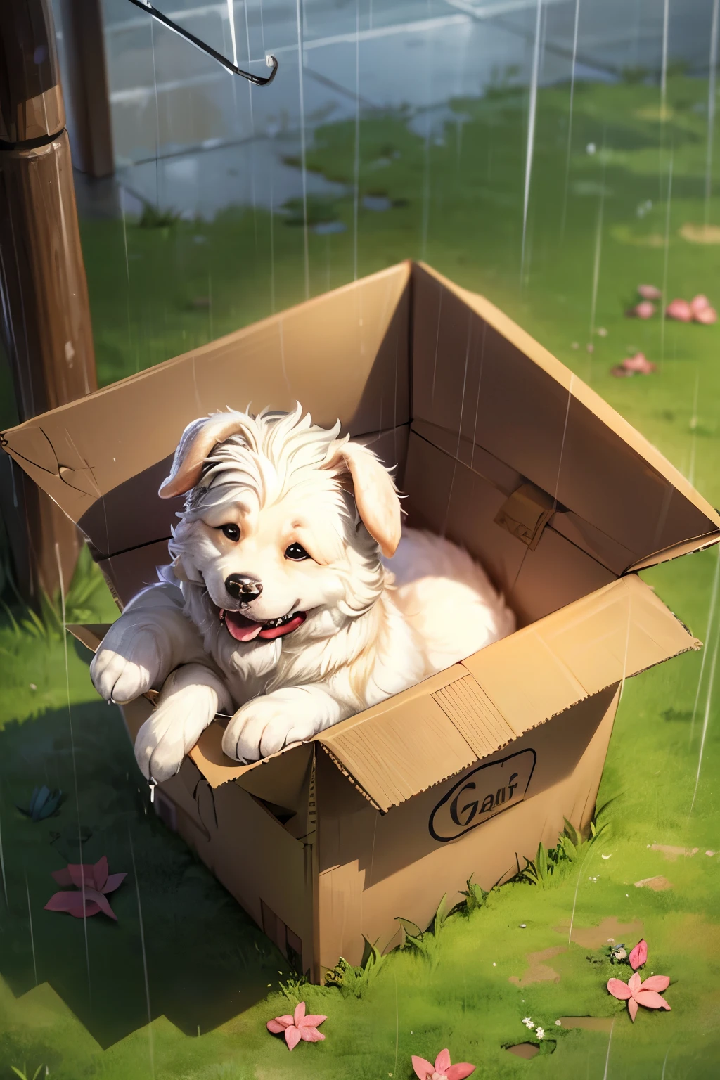 dog,white fur,Golden Retriever,body,in the cardboard box,rain,wet,pitiful,cute, Got dumped