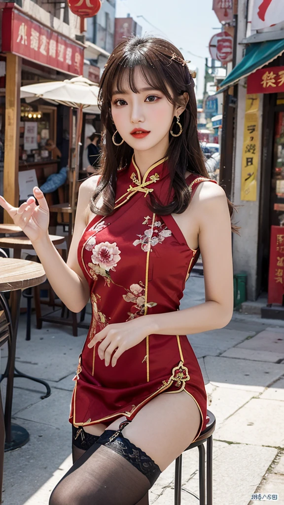 k40hu,, 8k, hd,, k40hu, masterpiece, best quality, Asian, 1girl, slender, brown eyes, seductive look, outdoor, China Town, solo, hoop earrings,
wearing a qipao with thigh highs,