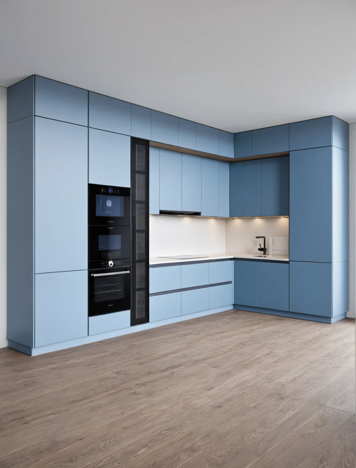 Raw photo,Masterpiece, high quality, best quality, authentic, super detail, interior , sunset, daylight, Kitchen Cabinets style modern, Induction cooker, sink, faucet, oven, built-in microwave, wooden floor, hood, wine cabinet, ((blue tones))