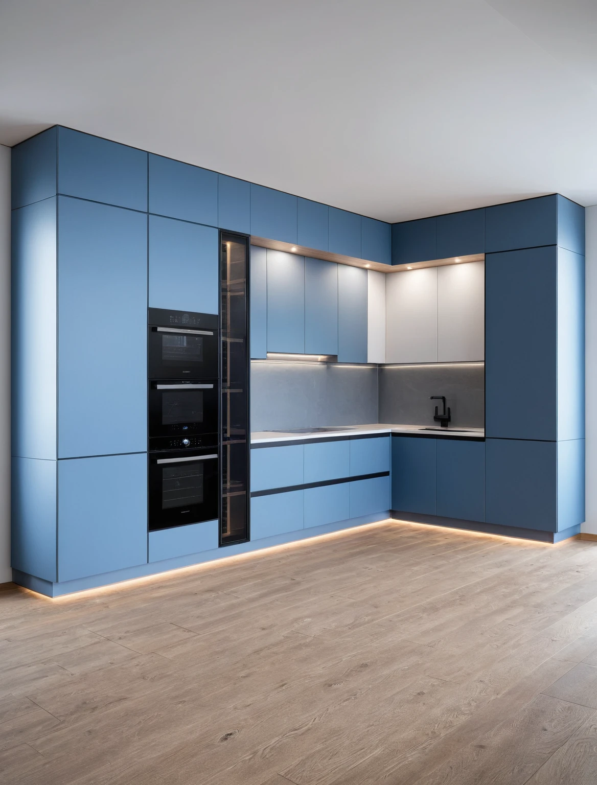 Raw photo,Masterpiece, high quality, best quality, authentic, super detail, interior , sunset, daylight, Kitchen Cabinets style modern, Induction cooker, sink, faucet, oven, built-in microwave, wooden floor, hood, wine cabinet, ((blue tones))