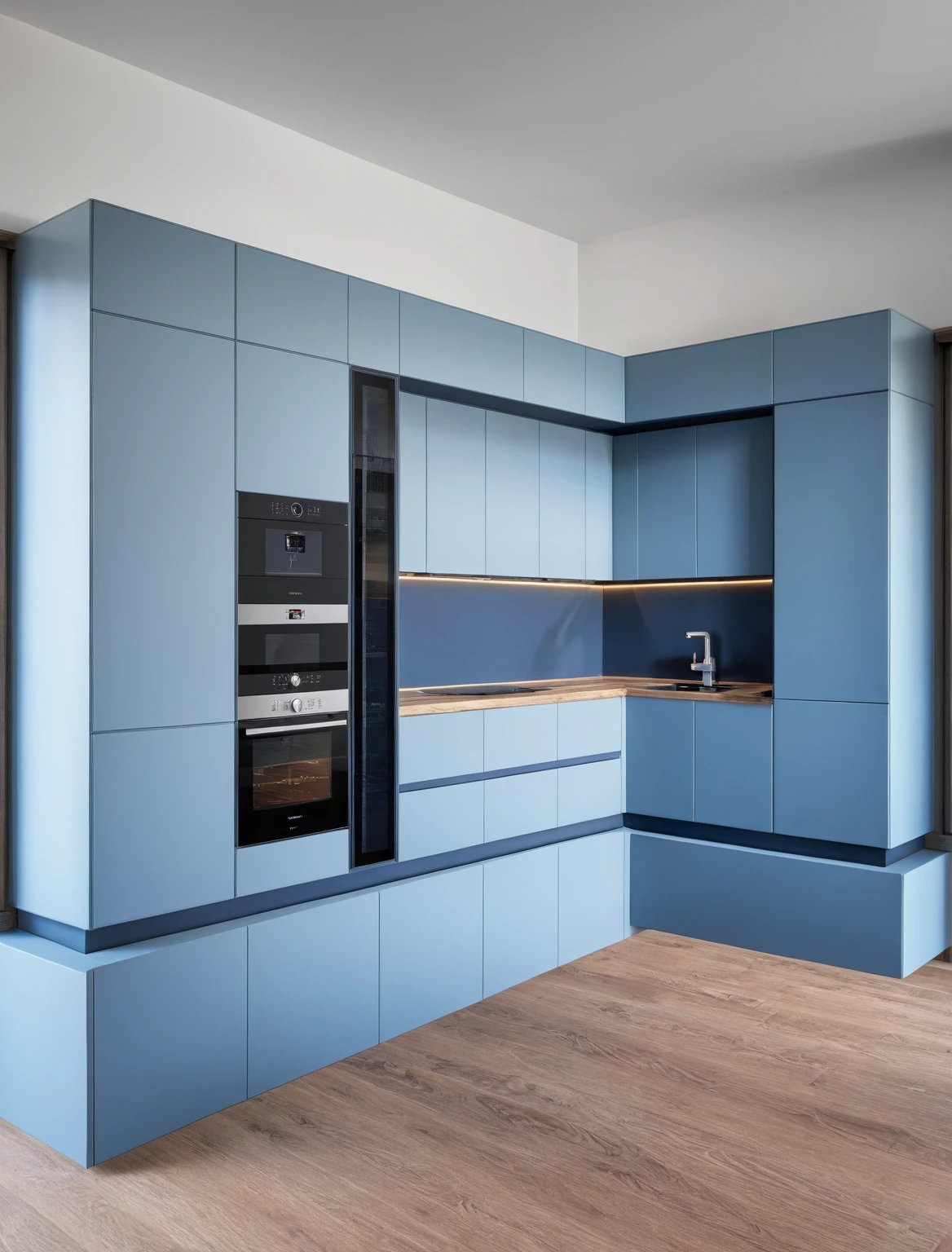 Raw photo,Masterpiece, high quality, best quality, authentic, super detail, interior , sunset, daylight, Kitchen Cabinets style modern, Induction cooker, sink, faucet, oven, built-in microwave, wooden floor, hood, wine cabinet, ((blue tones))