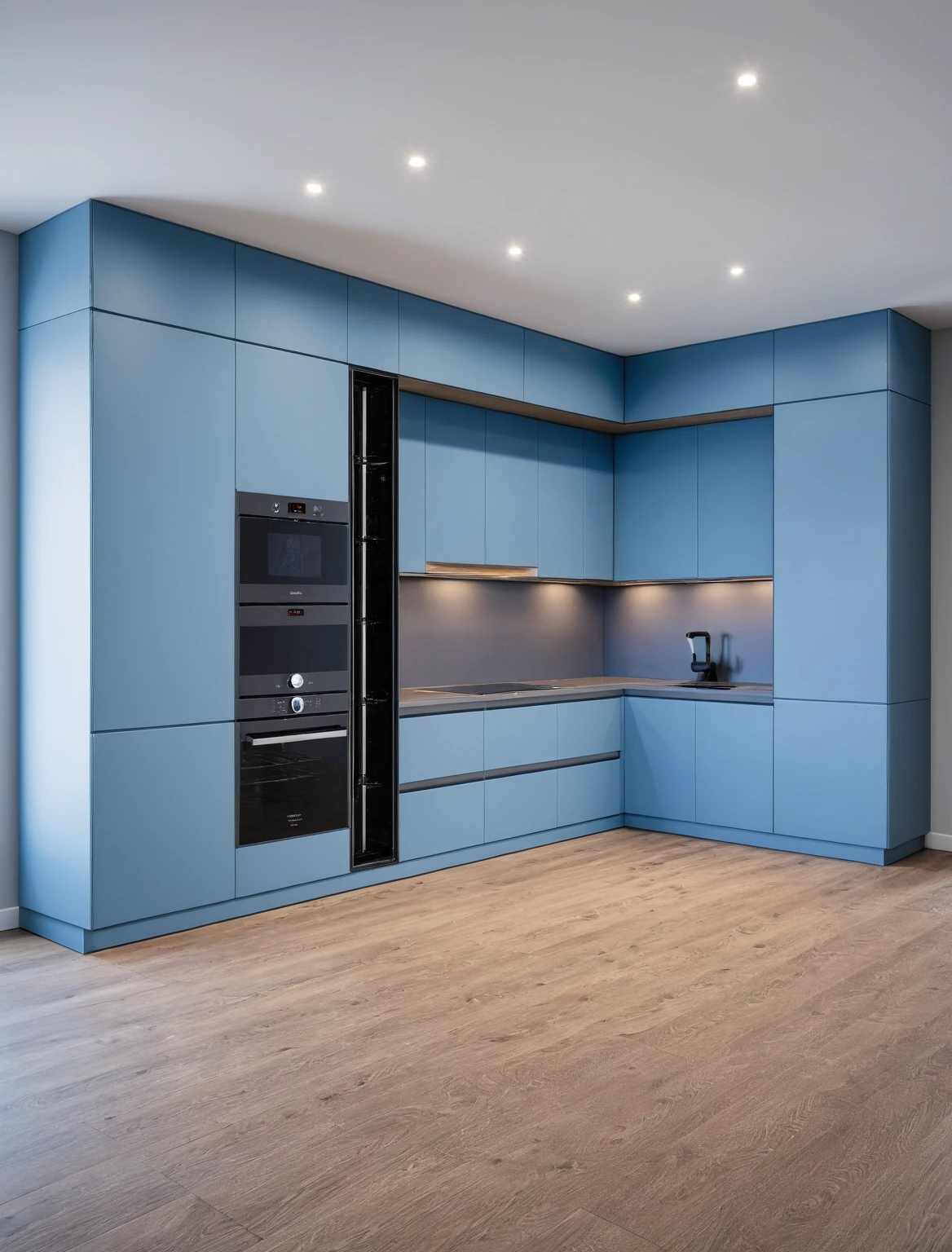 Raw photo,Masterpiece, high quality, best quality, authentic, super detail, interior , sunset, daylight, Kitchen Cabinets style modern, Induction cooker, sink, faucet, oven, built-in microwave, wooden floor, hood, wine cabinet, ((blue tones))