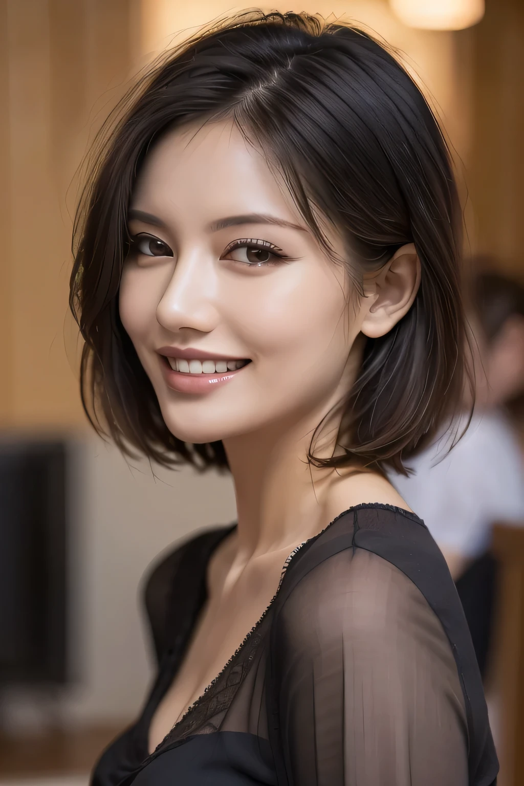 ((masterpiece)), ((Highest quality)), ((Complex)), ((Surreal)), (Realistic), (Mature Woman), ((There are no classes)), Very detailed, (1 female), Beautiful and exquisite, (Beautiful Teeth), Grin, Brunette Bob Hair, Brown eyes, ((blouse)), (Upper Body), (background:none), Perfect Eyes, Captivating eyes, Looking at the audience