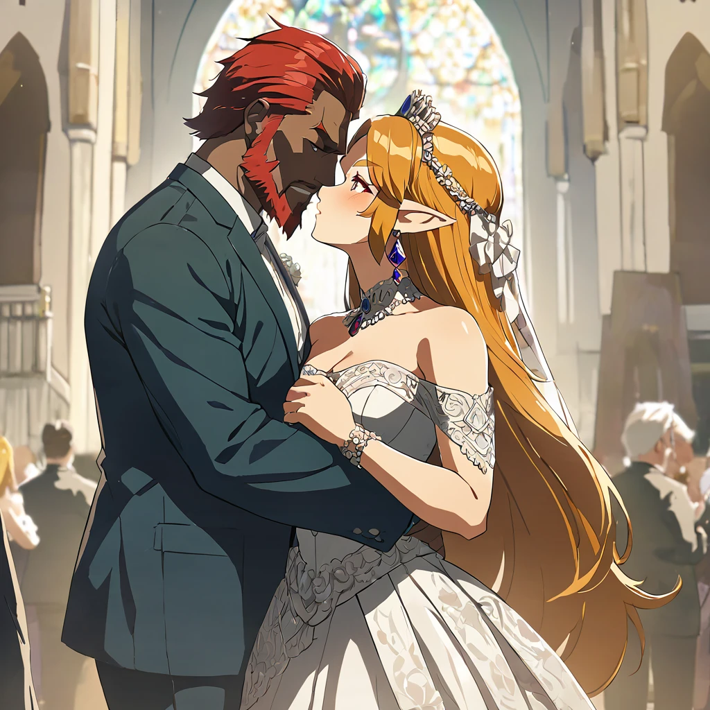 ((Highest quality)), ((masterpiece)), (detailed), (Perfect Face)、The woman is Princess Zelda, wearing a gorgeous Gerudo wedding dress.、The man is a dignified, middle-aged Gerudo man named Ganondorf, with a beard, muscular red hair and dark skin, and is dressed in the royal attire of the Gerudo.、In the luxurious Gerudo church, a man and woman embrace each other, kiss each other and exchange vows to get married.