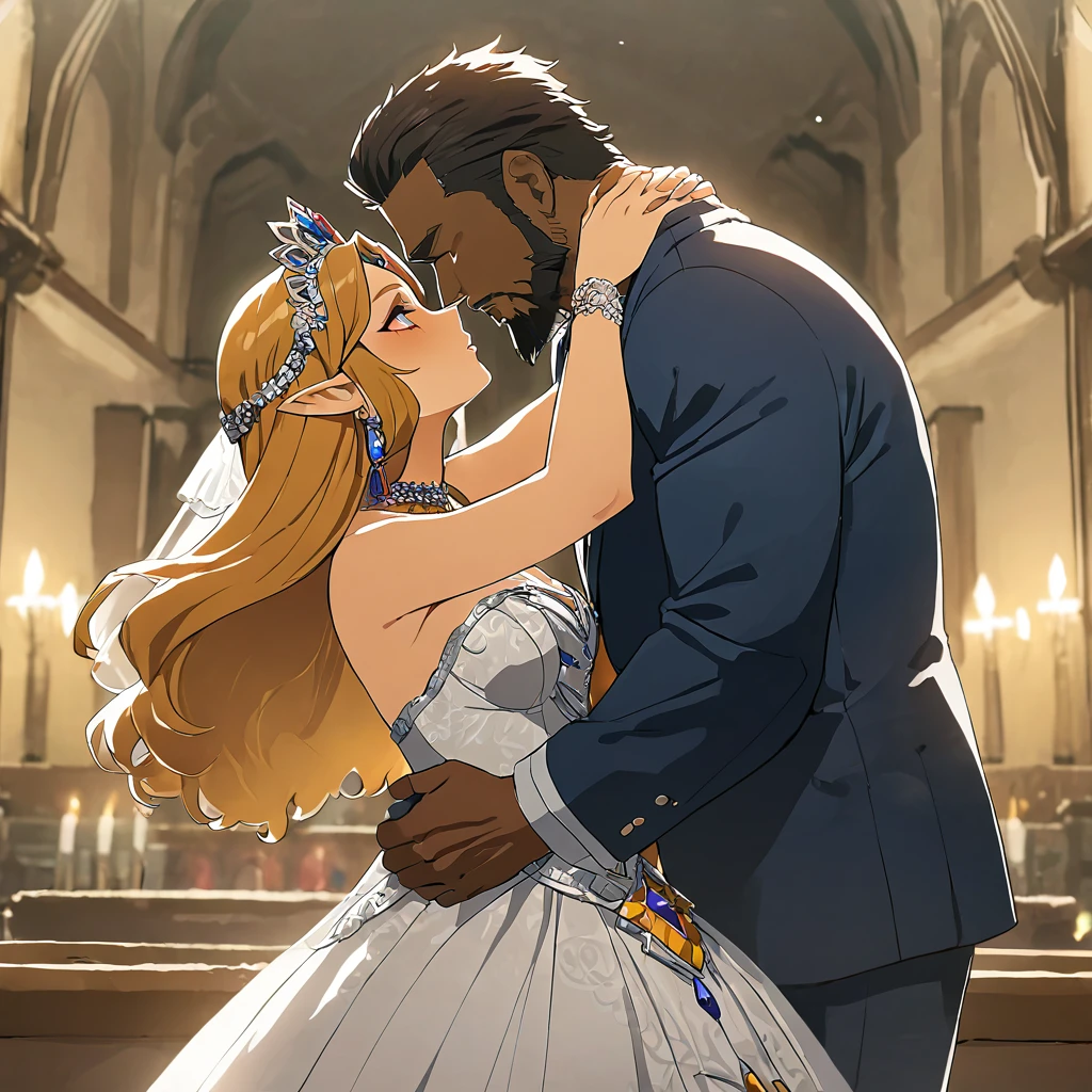 ((Highest quality)), ((masterpiece)), (detailed), (Perfect Face)、The woman is Princess Zelda, wearing a gorgeous Gerudo wedding dress.、The man is a dignified, middle-aged Gerudo man named Ganondorf, with a beard, muscular red hair and dark skin, and is dressed in the royal attire of the Gerudo.、In the luxurious Gerudo church, a man and woman embrace each other, kiss each other and exchange vows to get married.
