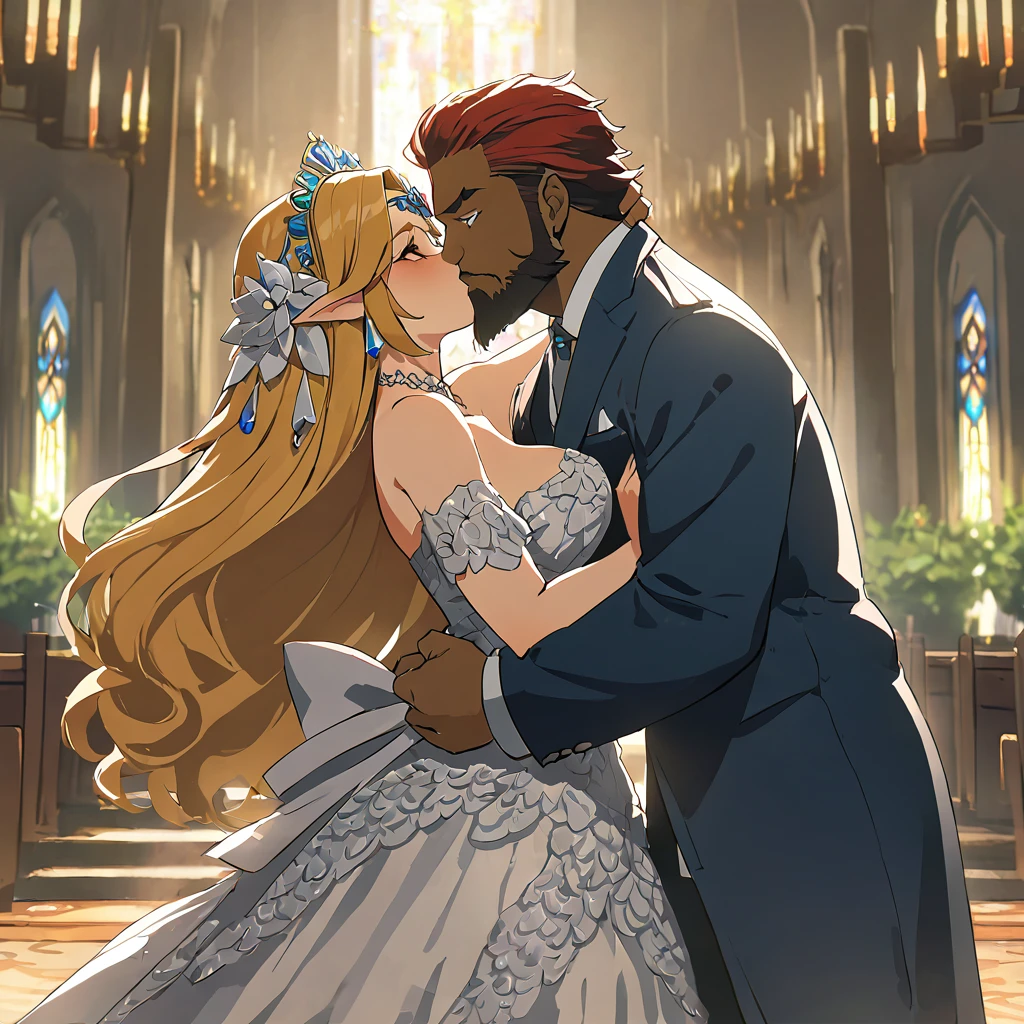 ((Highest quality)), ((masterpiece)), (detailed), （Perfect Face）、The woman is Princess Zelda, wearing a gorgeous Gerudo wedding dress.、The man is a dignified, middle-aged Gerudo man named Ganondorf, with a beard, muscular red hair and dark skin, and is dressed in the royal attire of the Gerudo.、In the luxurious Gerudo church, a man and woman embrace each other, kiss each other and exchange vows to get married.