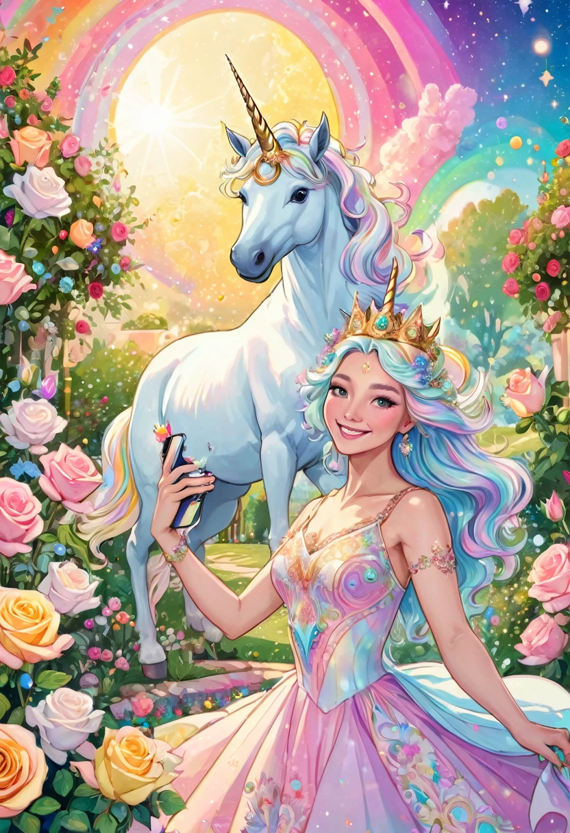 Goddess taking a selfie with a white unicorn, surrounded by crowns and jewels, in a pastel colored dress, in a garden of pastel colored roses, smiling, joyful, rainbow light, integration of the moon and the sun