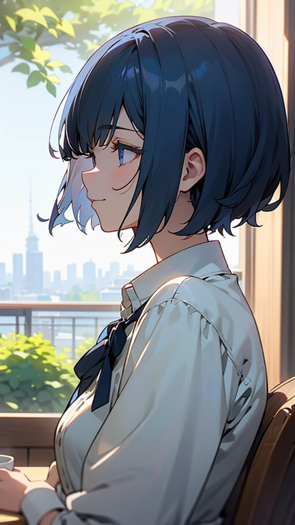 １girl、Dark blue hair、Short Bob Cut、Straight hair、blue eyes、smile、profile、Face close-up、Morning Cafe Terrace、Background blur, Written boundary depth