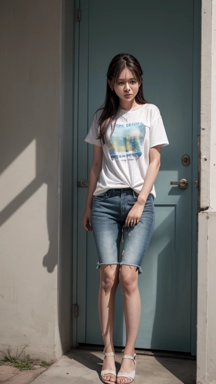 "Girl with Indonesia face, 21yo, near the outer door, light blue skirt jeans,t-shirt, wets herself from fear while being threatened. peeing, (urination:1.5), medium: oil painting, realistic:1.37, best quality, ultra-detailed, studio lighting, vivid colors, physcially-based rendering."