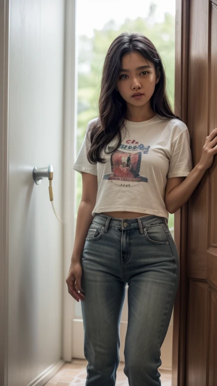 "Girl with Indonesia face, 21yo, near the outer door, light blue skirt jeans,t-shirt, wets herself from fear while being threatened. peeing, (urination:1.5), medium: oil painting, realistic:1.37, best quality, ultra-detailed, studio lighting, vivid colors, physcially-based rendering."