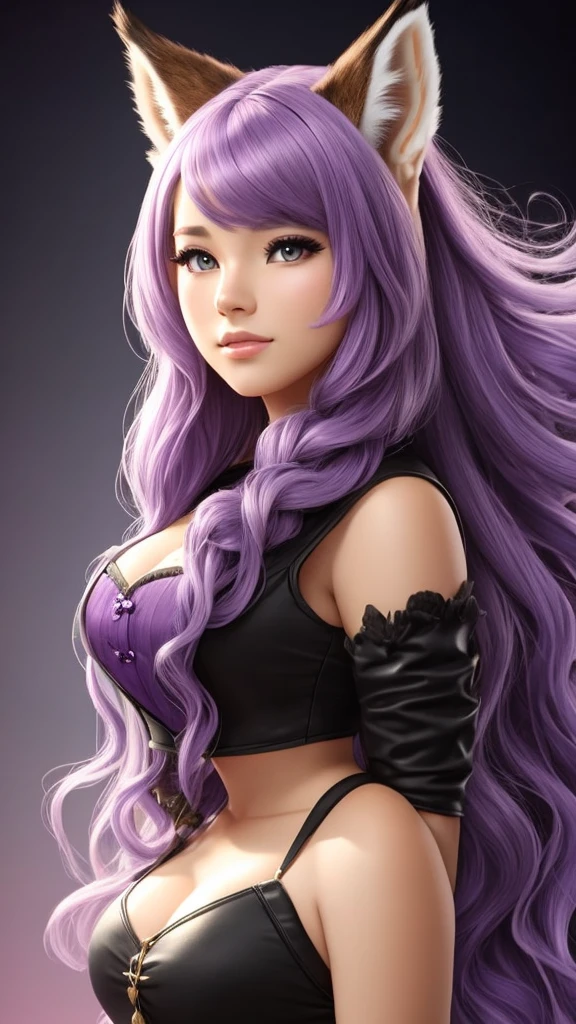 Young woman, Amethyst hair, purple lynx ears, purple lynx tail, fuller bust
