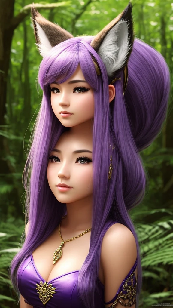 Young woman, Amethyst hair, purple lynx ears, purple lynx tail, fuller bust