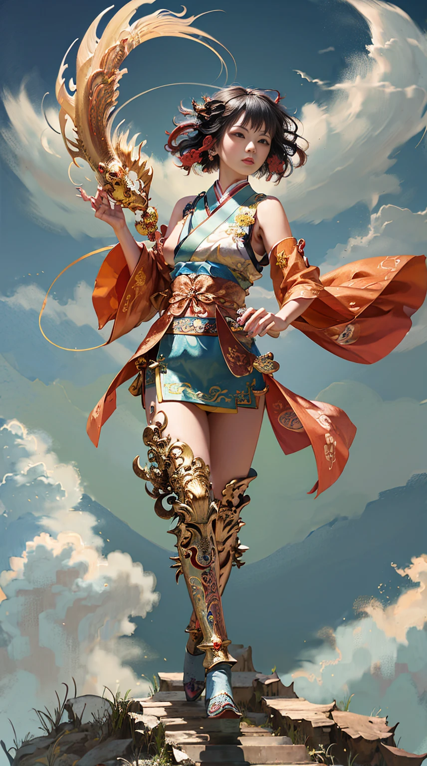 Official Art, Unified 8K Wallpapers, Ultra Detailed, Beautiful and Aesthetic, Masterpiece, Best Quality, (Zentangle, Tangle, Entangle), (fractal art: 1.4), (character center: 1.3), 1girl, black hair, Chinese, off-the-shoulders, short skirt, calf, navel, very detailed, dynamic angle, cowboyshot, (most beautiful form of chaos), ethereal, (bright colors), oc, (half: 1.2), china, (thangka flying sky: 1.5), (ribbon: 1.3), (dream: 1.5), (hanfu: 1.5), Chinese dragon, Chinese phoenix, (smile: 0.5), ( Chinese deities),