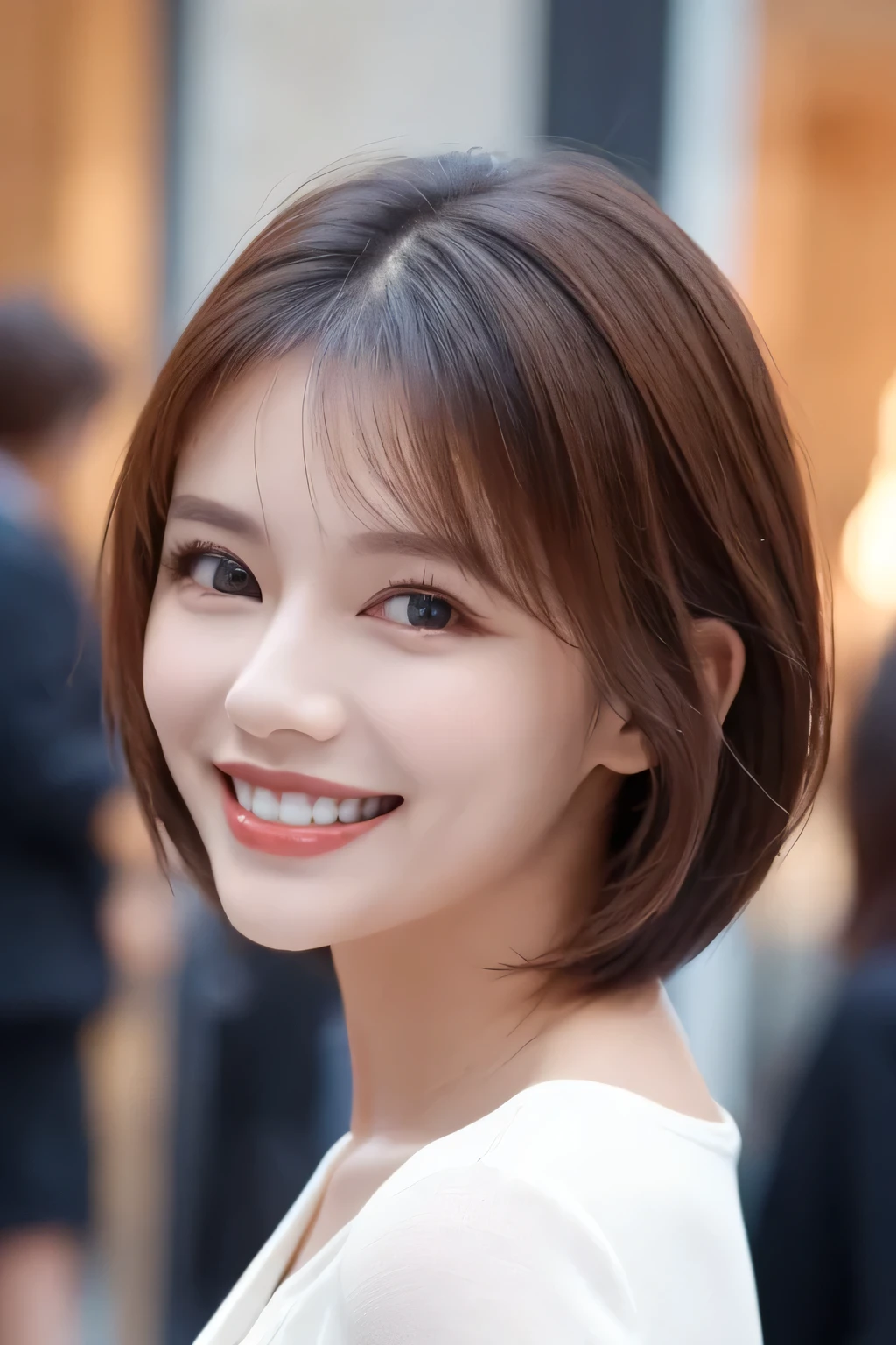 ((masterpiece)), ((Highest quality)), ((Complex)), ((Surreal)), (Realistic), (Mature Woman), ((There are no classes)), Very detailed, (1 female), Beautiful and exquisite, (Beautiful Teeth), Grin, Brunette Bob Hair, Brown eyes, ((blouse)), (Upper Body), (background:none), Perfect Eyes, Captivating eyes, Looking at the audience