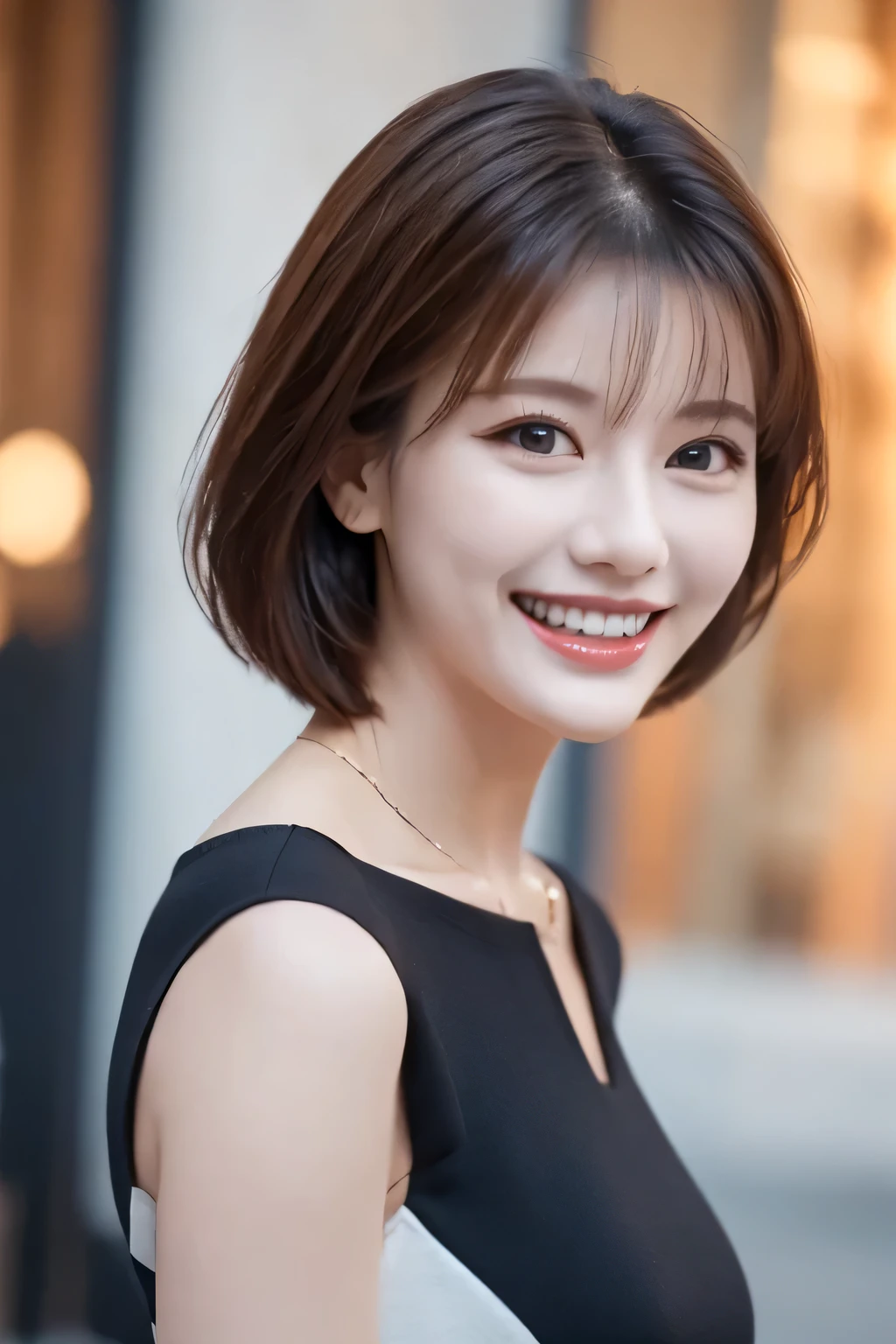 ((masterpiece)), ((Highest quality)), ((Complex)), ((Surreal)), (Realistic), (Mature Woman), ((There are no classes)), Very detailed, (1 female), Beautiful and exquisite, (Beautiful Teeth), Grin, Brunette Bob Hair, Brown eyes, ((blouse)), (Upper Body), (background:none), Perfect Eyes, Captivating eyes, Looking at the audience