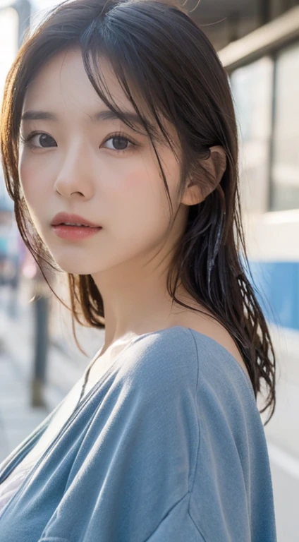 ((Highest quality, 8K, masterpiece:1.3)), concentrated:1.2, Beautiful woman with perfect figure:1.4, Stick your butt out:1.2, ((Cut your hair in layers, Beautiful breasts:1.2)), (Wet clothes:1.1) , (rain, street:1.3), Bandeau dress:1.1, Highly detailed face and skin texture, Detailed eyes, double eyelid,Whitening the skin,Long white hair,close - up studio photo, Japanese Model