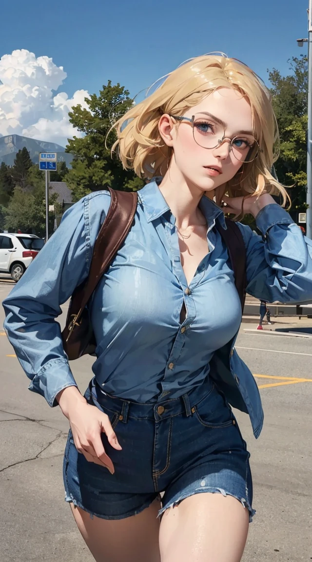 (8k, RAW photo, best quality, masterpiece:1.2),    RanmaChan, RanmaRedShirt, (SFW)Similar arts John Buscema(((1 rapariga, fluffy, denim jackets, White blouses, jeans, key money, Loire, short-haired, bobhair, Parting hair to the side, blue eyes))), (((blonde  hair))), dynamicposes, Manga style , Depict a group of characters in different action scenes, from intense battles to joyous moments, with dramatic lines of speed and bold sound effects, capturing the excitement and energy of the story, palm laser beams, Attack forward with the palm of your hand, Yellowstone Park, Grand Canyon,　reverse trap,tomboy,
one mature female,(solo),((parietal)),
(indigo hair),((mullet hairstyle:1.4)),
shiny hair,swept bangs,
blue eyes,(beautiful detailed eyes),
slant eyes:1.5,turime,tall statue,
((black plastic frame eyewear)),
large breast,athlete,slender,slim waist,

(((expressionless))),blushing,
half closed eyes,parted lips,
((dress shirt)),((clothed)),
short shorts,

outdoor,sunlight,fine weather,
((cowboy shot)),standing,
looking at viewer,

((masterpiece)), (best quality),
(ultra-detailed),(perfect anatomy),
high resolution,detailed line art,
sharp focus,