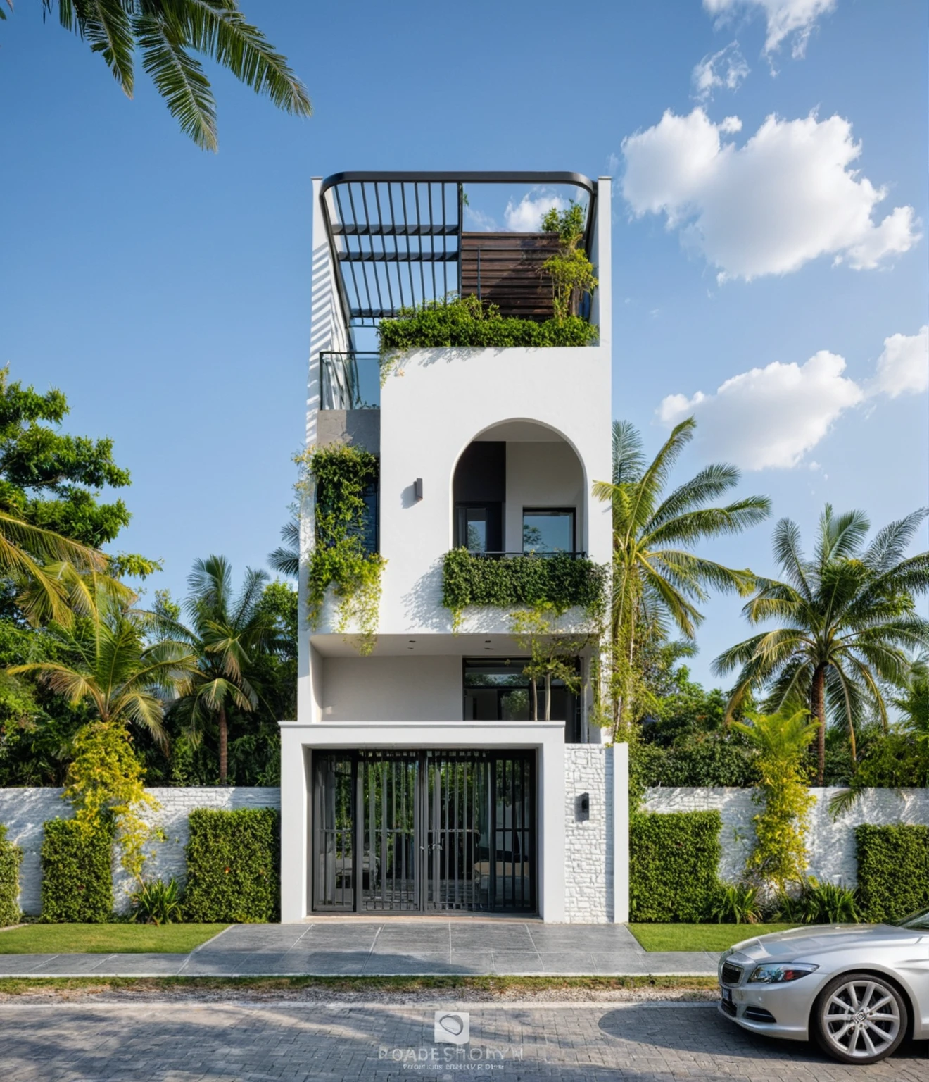 Raw photo, great product, high quality, best quality, authentic, super detailed, outdoor, 2-storey house, modern townhouse style, (white wall), Gray stone fence, painted curved wall white, Curved wall facade, aluminum glass door interior, white painted curved planter, gray tiled wall, gray iron box outer gate, road, sidewalk, grass, trees, sky, clouds, (daylight):1.1)