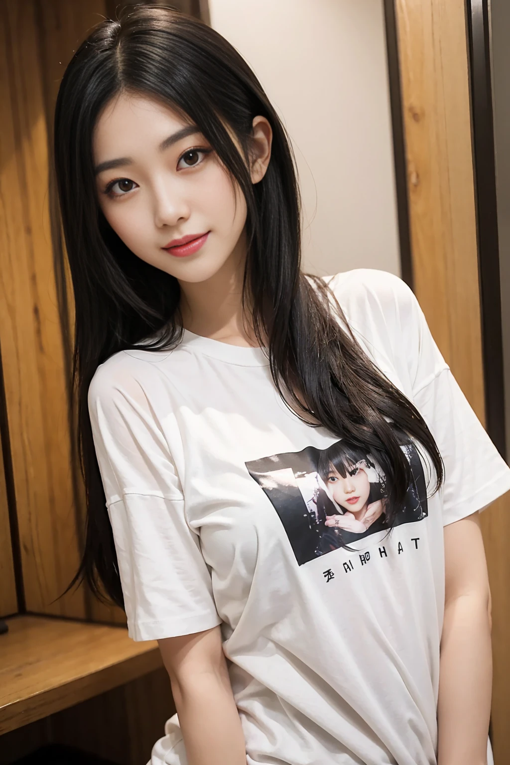 beautiful thigh, wearing nothing but t shirt, slender, cute face, smile, beautiful details eyes, 17yo japanese, pretty, Voluminous curls with warm black color, big breast