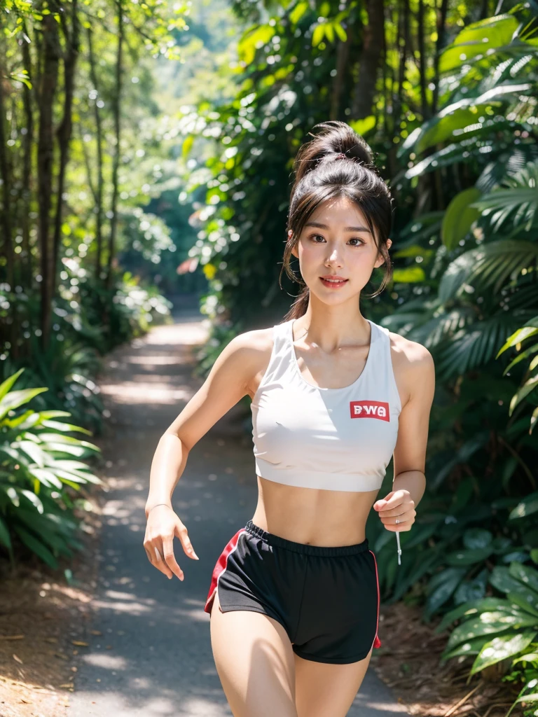 1 girls A photorealistic image of a female Asian runner in her early 20s, smiles running on a scenic mountain trail. She has long, black hair tied in a ponytail and is wearing a bright red tank top and black running shorts. She also has a red visor and a white water bottle strapped to her waist. Her expression is one of determination and focus as she powers up the trail. The background is a lush green forest with tall trees and a winding trail. The lighting is bright and sunny, with dappled sunlight filtering through the trees. Photograph taken by Sony 85mm f/1.2
sky,street,Raw, cinematic shot, (sharp focus:1.5), (photorealistic:1.4), twilight lighting, volumetric lighting, ultra high res, 16K,dramatic lighting,