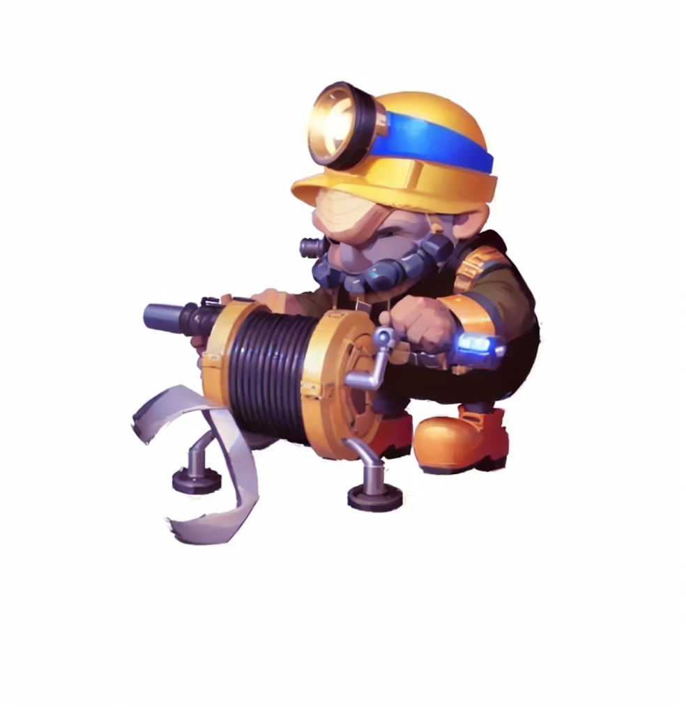 cartoon image of a man with a pipeline and a wren, pepe the miner, engineer, mechanical, muscular female gnome engineer, Mini Gun, Unreal No, mining, Heavy weapons guy, Landmines, Farmers, steampunk engineer, old charismatic mechanical, Tinkerer, Fisherman, pipeline, Complete portrait of the electrician, blacksmith, Old Man, Magic Fishing Rod Weapon