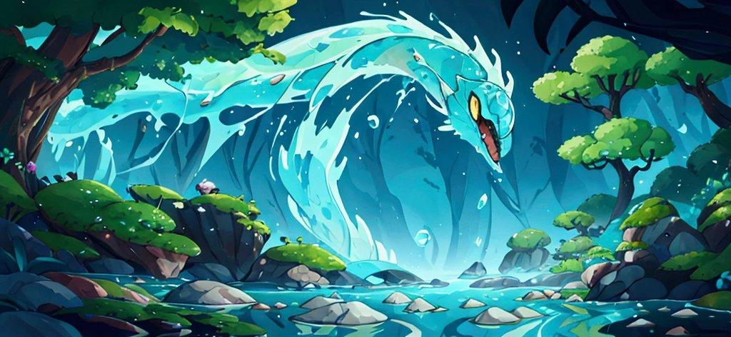 Create an image of a giant serpent. The serpent should be entirely made of water, with the fluidity and transparency of the liquid visible. It should have a sinuous, dynamic body, with the appearance of water in motion. The details should capture the essence of the water element, including ripples, splashes, and light reflections on its aqueous surface. The serpent should have a majestic and imposing aspect, combining the elegance of a serpent with the strength and beauty of water. The image should balance the two elements: the fluidity and aquatic details with the form and presence of the serpent. Despite its imposing nature, the serpent should have a gentle and friendly appearance. The art should be in the digital art style with characteristics of fantastic illustration. The predominant colors are shades of blue and cyan, with touches of white representing water foam. The composition conveys a sense of energy and fluidity, typical of illustrations that explore elements of nature in a surreal and stylized manner. The setting should be a serene landscape of a crystal-clear stream surrounded by large stones and rocks partially covered with moss, with lush greenery in the background. The water is clear and reflects sunlight, creating small sparkles on the surface. The scene is illustrated in an anime art style, with soft colors and delicate detailing in the textures of the stones and vegetation.