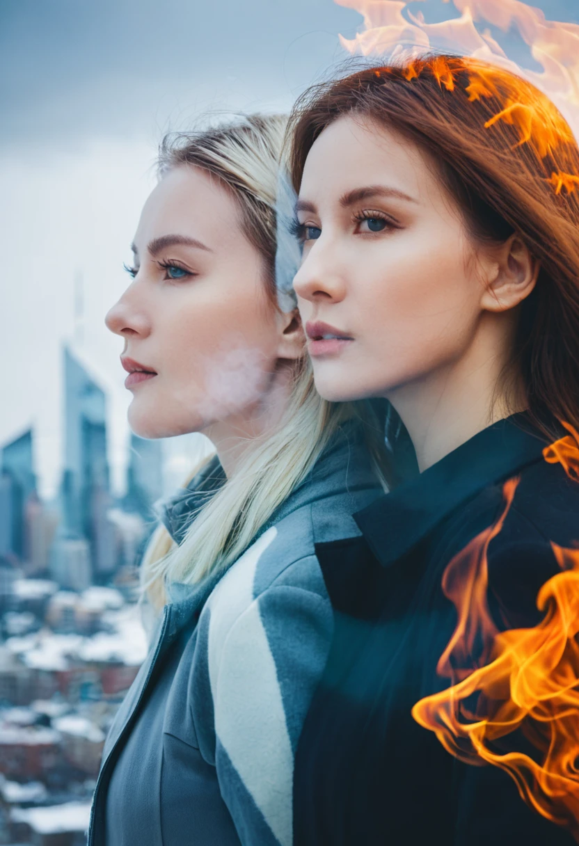 double exposure photography, two different beautiful women, one of fire the other of ice, both looking opposite directions, city skyline background