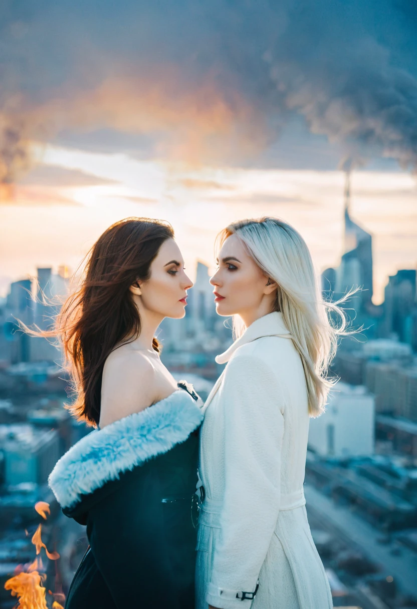 double exposure photography, two different beautiful women, one of fire the other of ice, both looking opposite directions, city skyline background