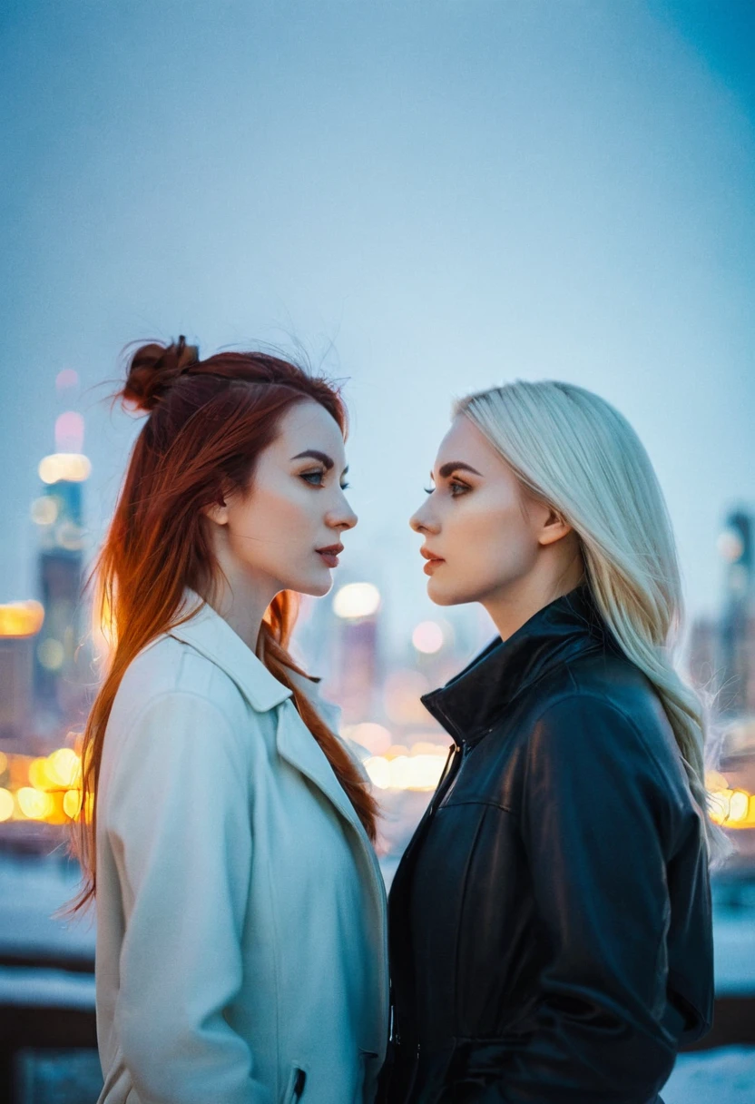double exposure photography, two different beautiful women, one of fire the other of ice, both looking opposite directions, city skyline background