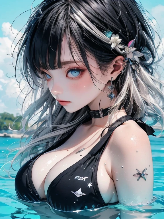 quality,Highest Resolution,sexy,Swimwear,Vibrant colors,Very beautiful eyes,Big Breasts,Black Hair,Silver Hair,In the water,no gravity