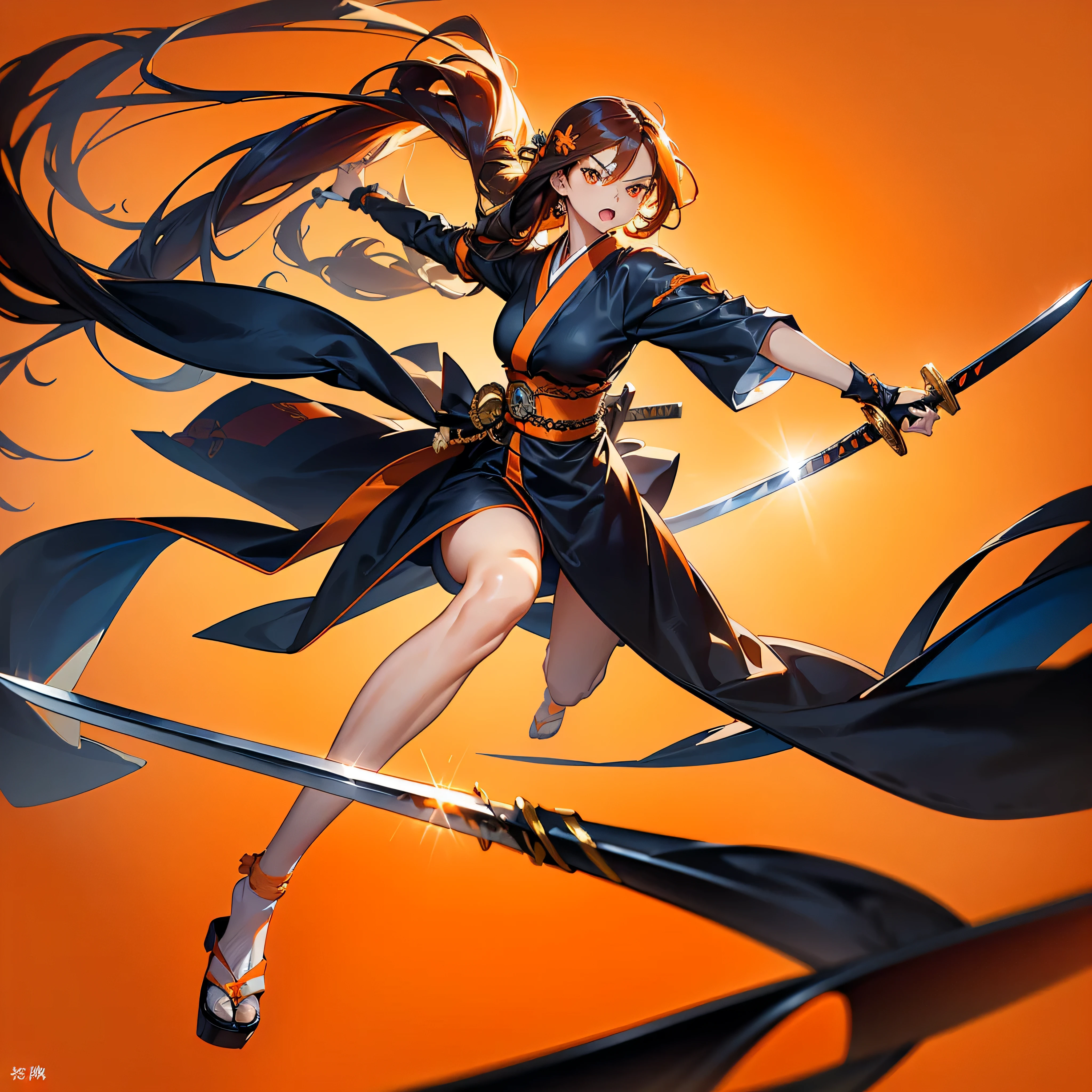 Dynamic configuration、((Perspective Lens, Woman with long hair, Dynamic poses with serious and mean expressions, Swinging something large with both hands, Long Japanese sword )) ((Pure Orange Background:1.2)),Anime Style、Detailed eyes、Perfectly toned body、she'Early 20s,Shooting on the move,Her long braided hair sways. Her outfit is reminiscent of a butterfly,Black and yellow color palette,Playful.,Neon color line fractal art、