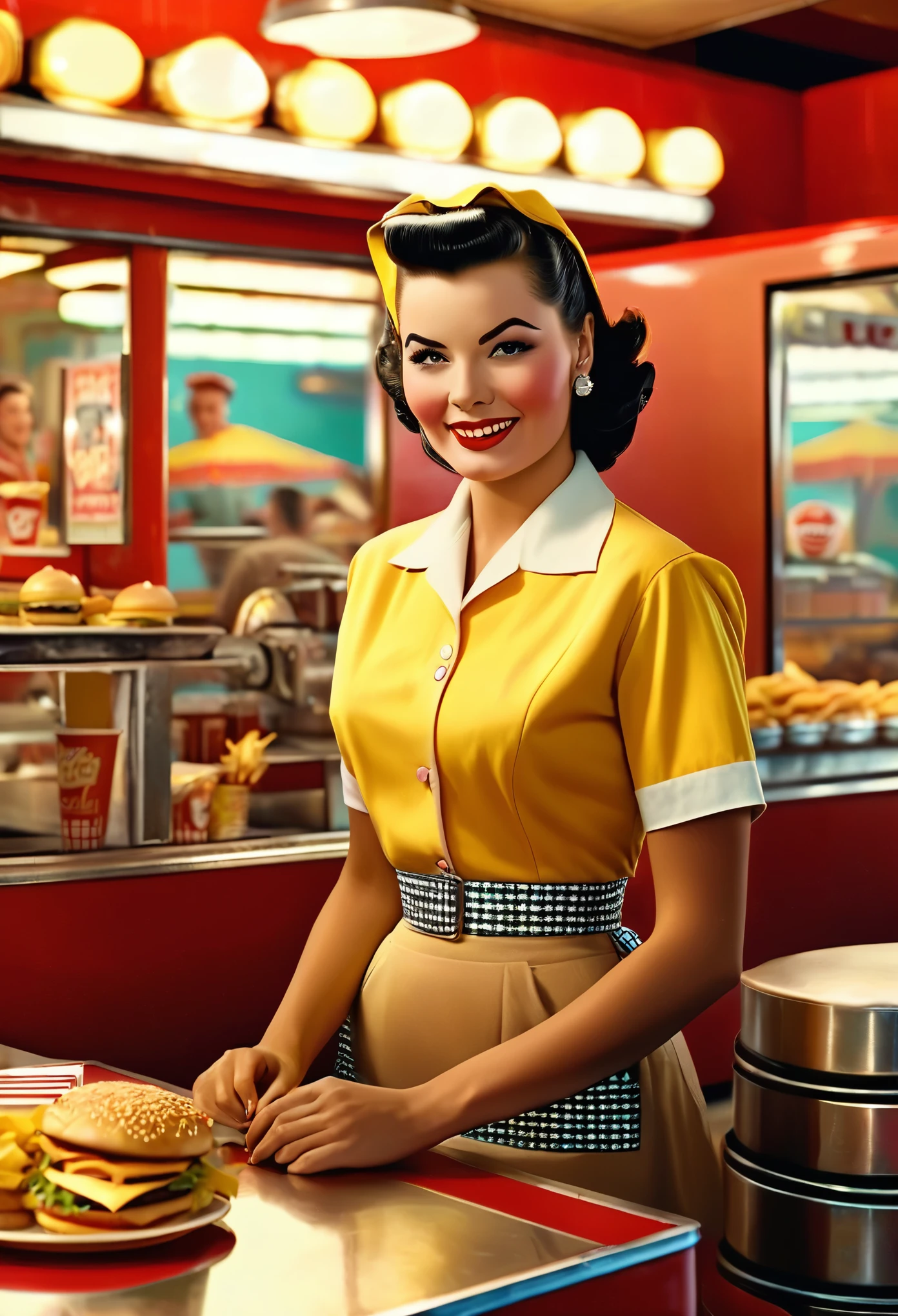 general shot of the scene,cuerpo entero, typical colors of the 50s era as an advertising poster: 1.5, Fast food worker from the 50s in the USA, decoration from the 50s, clothes from the 50s, hairstyles from the 1950s, detailed portrait, photorealistic, 8k, best quality, masterpiece, hyper detailed, cinematic lighting, warm color tones, vibrant colors, intricate details