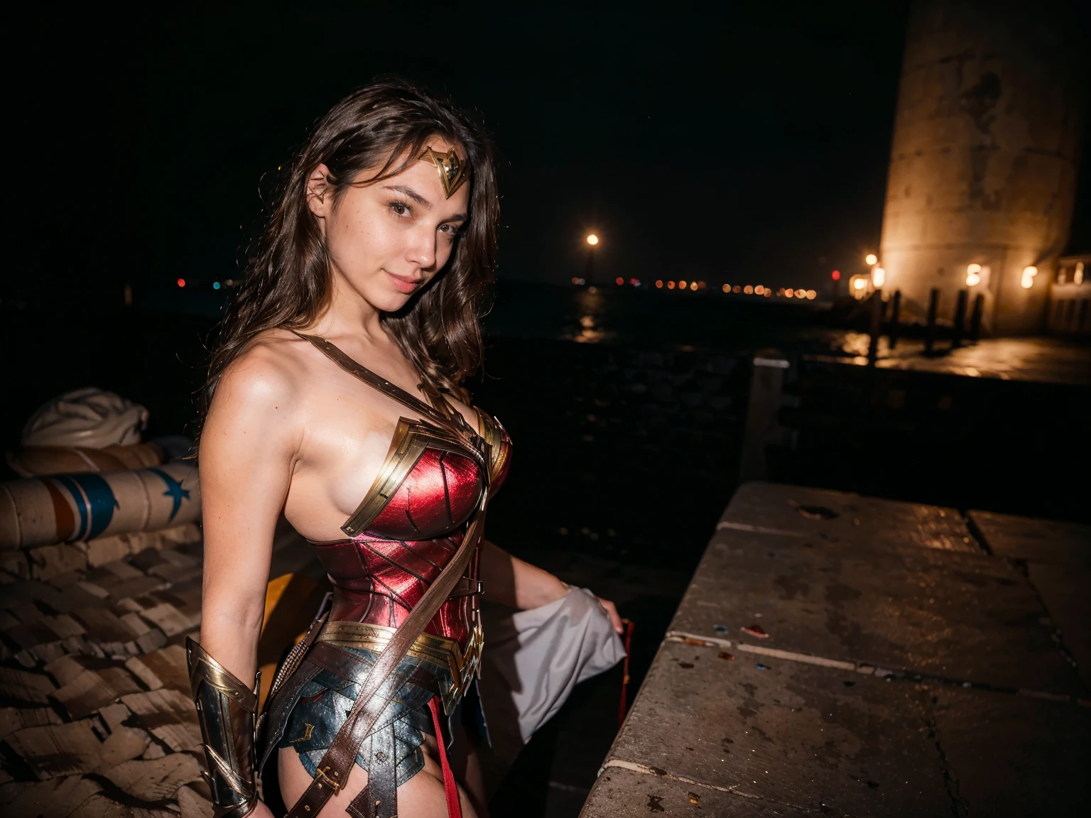 ((masterpiece), (solo character), (photorealistic:1.4), ),(best quality), (epiCRealLife), (g4lg), (g4lg large breasts), (g4lg show cleavages), (Gal Godot in wonder woman costume), (lora:epiCFlashPhoto),(flashphoto), (flash photography) (look at viewers), , (photoshoot), (wonder woman theme), (outdoor photoshoot), (night time), (lying on back), (boots),  (lakeside)