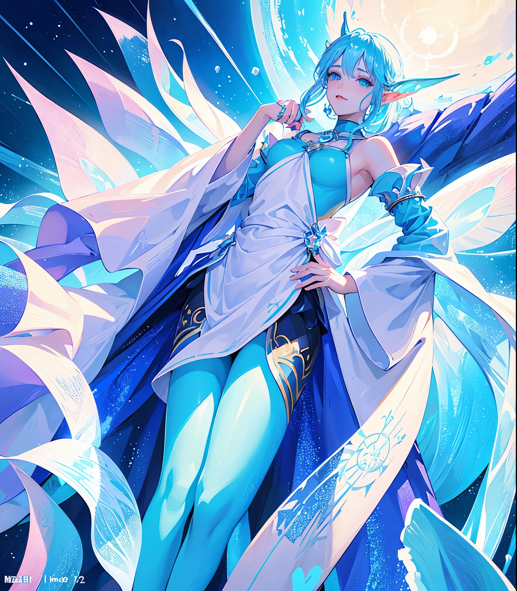 young man, (((male))), (male face), boy, (twink), (((one person))), (((single))), (((solo))), 1guy, (((slim body))), slim figure, ((slim waist)), (((flat chest))), (((very flat chest))), pointy ears, (((pale blue colored hair))), (((silver colored eyes))), (((iridescent eyes))), (glowing eyes), pale skin, galaxy in the background, space in the background, stars and planets in the background, (((fantasy style))), (((sparkling clothes))), (((metallic clothes))), (((glitter))), ((shiny clothes)), ((colourful sparkles)), (((floating in space))), (holding a colourful glowing orb), magic, ((holographic wings)), flowy short skirt, short flowy skirt, smiling, (four-armed god), (four arms)