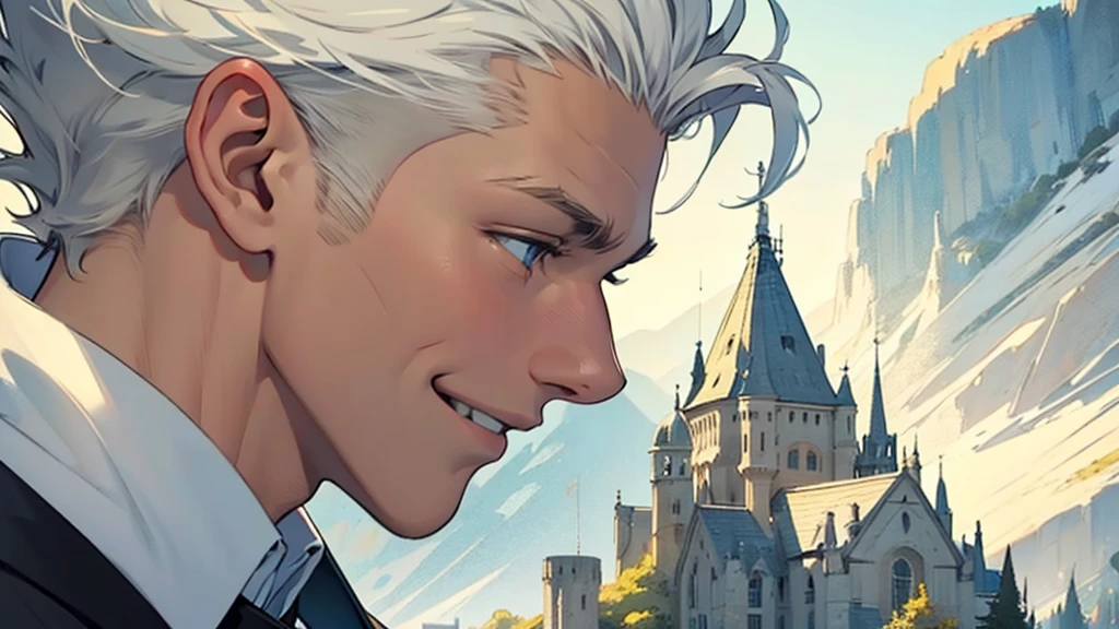 ((best quality)), ((work of art)), ((detailed)), young man with short white hair, in profile, smiling
