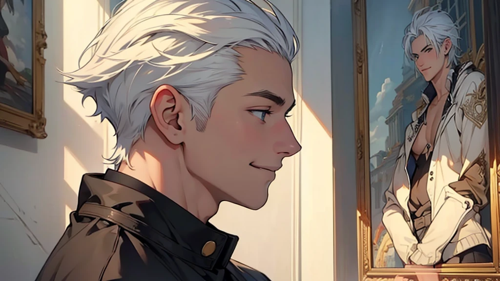 ((best quality)), ((work of art)), ((detailed)), young man with short white hair, in profile, smiling