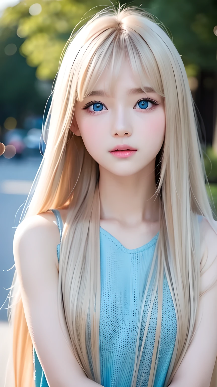 Very beautiful face、A beautiful girl、Super Long Hair、windy silky blonde super long hair、Swinging bangs、Cute sexy 16 year old blonde girl with light blue eyes、Hair above the eyes、片Hair above the eyes、Hair between the eyes、Big bright light blue eyes that shine so beautifully、eyeliner、Bright expression、